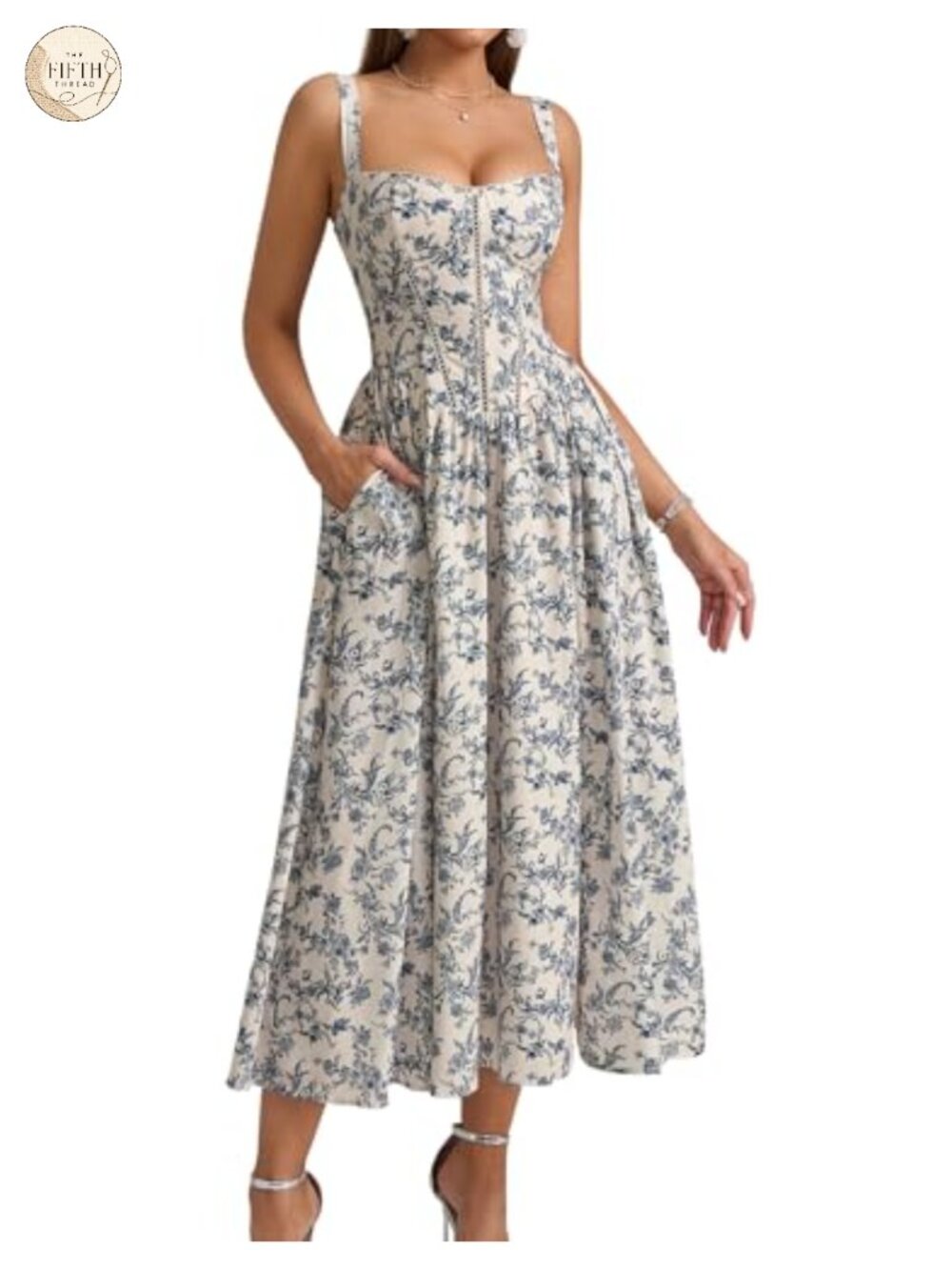 Floral Corset Midi Dress Sweetheart Neck Smocked Sleeveless A-Line